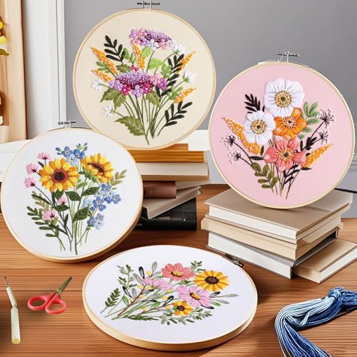 Image of 4 Pack Embroidery Kit for Beginners,Adults DIY Starter Kit,Cross Stitching Kits with Flower Stamped Patterns,Hoop,Tools,Colorful Threads with Needles,Step by Step Instructions,Hand Craft Lover Gift