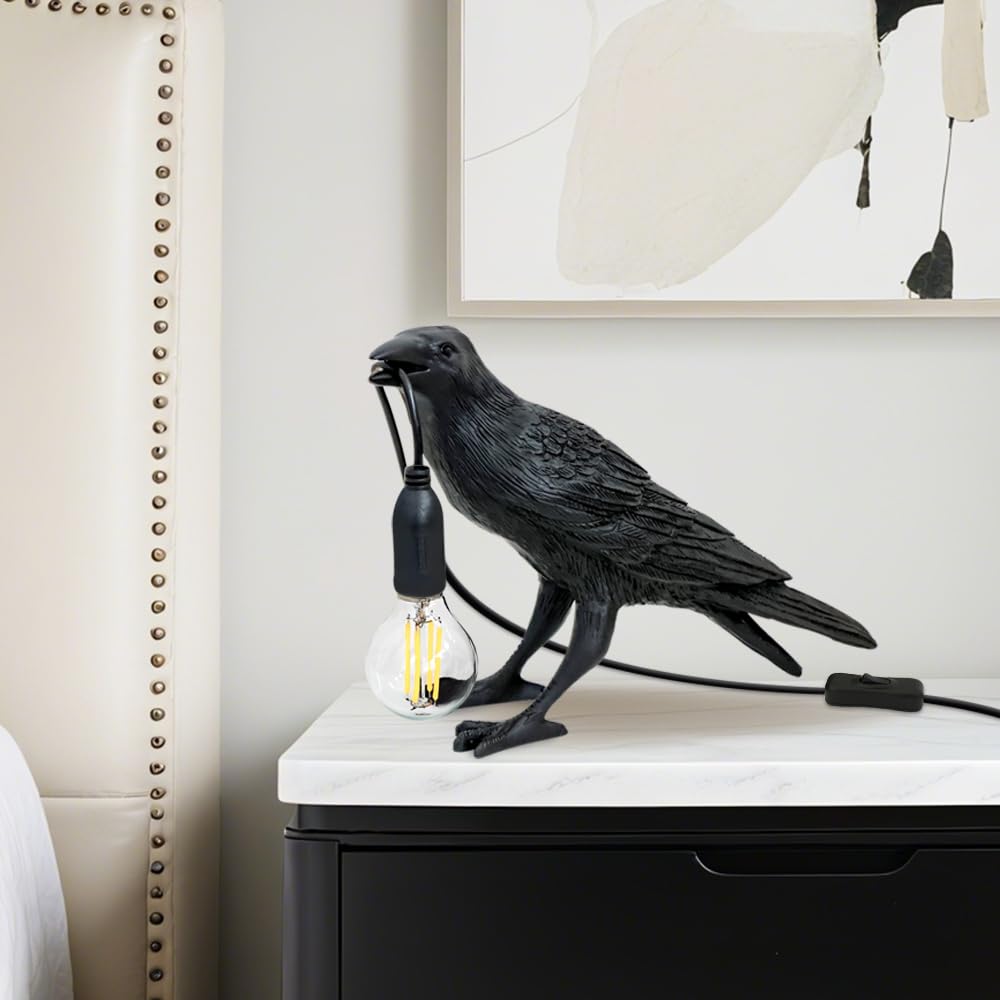 Resina Lampada da Comodino,Lampadas Tavolo Stile Corvo,Con Interruttore A Bottone,Lampada da Scrivani Per Soggiorno Camera Da Letto Ufficio,Nero Luce Lettura e Luce Notturna,Lampade E14 non Incluse