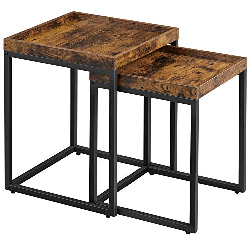 VASAGLE Industrial Nesting Tables, Set of 2 Side Tables, End Tables with Raised Edges, Coffee Tables for Living Room, Rustic Brown and Black ULNT222B01
