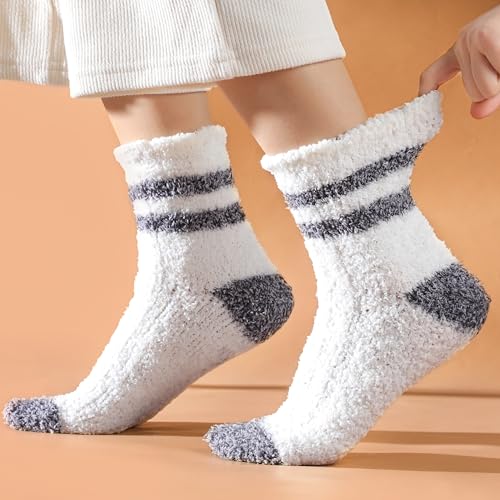 Image of Fuzzy Socks for Women - 6 Pair Fuzzy Socks, Cozy Socks Slipper for Women, Womens Soft Comfort of Coral Fleece, Strip Patchwork