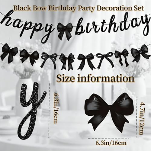 Black Happy Birthday Banner Garland with Hanging Swirls-Bow Themed Birthday Party Decorations for Girls Coquette Celebration,Pink Bow Decorations,Birthdays Decoration (Black) — view 2