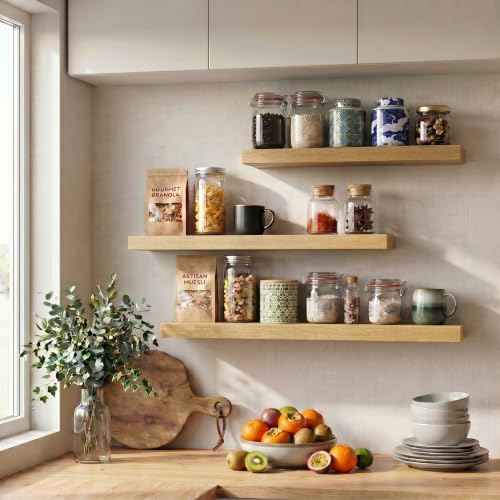 Image of Fun Memories 24 Inch Floating Shelves for Wall, 12 inch Deep Extra Thick Wood Shelves with Invisible Bracket, Large Wall Mounted Storage Shelf for Living Room Bedroom Kitchen, Oak, Set of 3