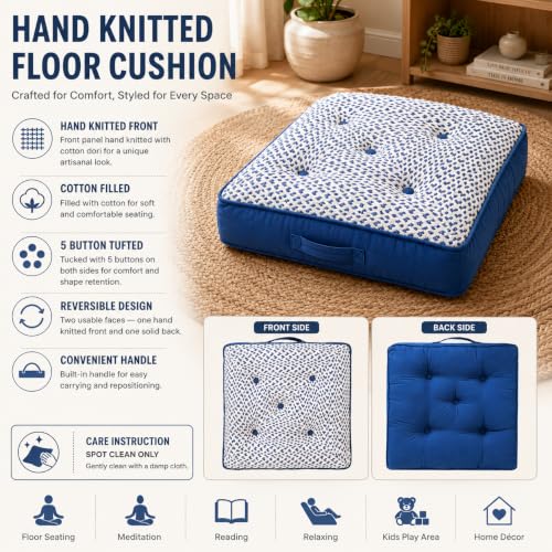 Image of Reversible 60x60x10 cm Blue Woven Quilted Floor Cushion with Cotton Filler for Seating, Patio Seat, Meditation, Yoga, Pooja, Guests, Living Room, Bedroom, Large Size 24x24x4 Inch