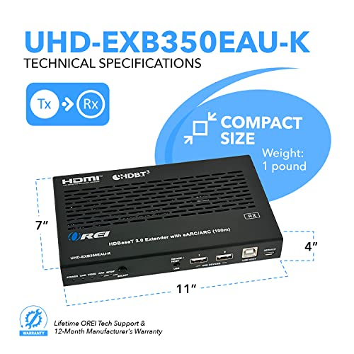 Image of OREI 4K eARC HDMI Extender Balun HDBaseT 3.0 UltraHD 4K @ 60Hz 4:4:4 Over Single CAT5e /6 /7 Cable with HDR, LAN, ARC & IR Support, RS-232 Up to 330 Ft Audio Out - Power Over Cable - LAN Out | HDBaseT, ARC HDMI Extender - HDR10+, Dolby Vision, USB KVM, HDMI Loop Out, SPDIF /LR Audio, PoC