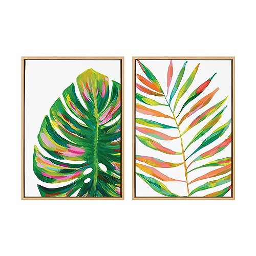 Kate and Laurel Sylvie EV Monstera and EV Palma No 2 Framed Canvas Wall Art Set by Jessi Raulet of Ettavee; 2 Piece 18x24 Natural; Colorful Plant Leaf Art Set for Wall
