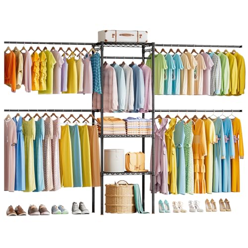 Sistema de Ropa Extensible con Estantes Ajustables,Barra de Ropa de Pared de Metal,Perchero Industrial de Pared con Estantería de Almacenamiento, para Dormitorio, Lavadero, Tienda (Negro)