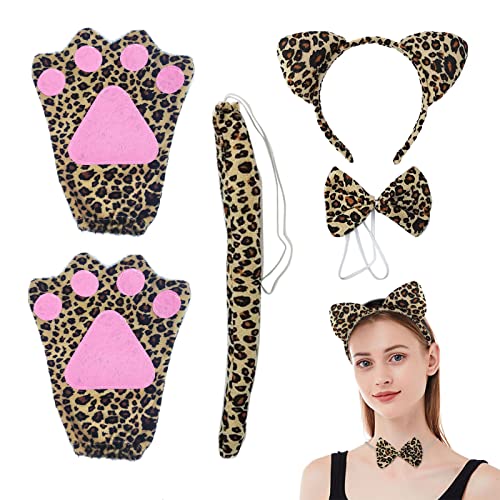 MIVAIUN 4 Pièces Set Léopard Oreilles de Léopard Bandeau Queue Noeud Papillon Gants Set,Accessoires D'habillement pour Animaux,Animalier Costume pour Adulte...