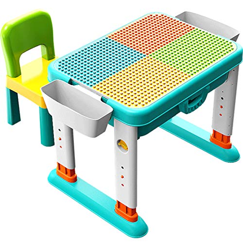 Kid's 4-in-1 Multi Activity Table for Lego Large Construction Bricks|Children's Play Game Desk with 1 Chair for Educational Toys|Adjustable Height for Toddlers to Preschoolers 3-10 Years Old|