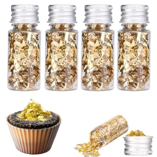 Tissting 4 Bottiglie di Fiocchi di Foglia D'oro, Decorazione di Foglia D'oro di Qualità Alimentare Foglia di Torta Commestibile e Metalli di Foglia per Torta di Cioccolato Pittura Chiodi fai da te