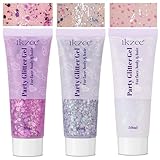 Body Glitter Gel 3PCS, 50ml Mermaid Silver Pink Face Hair Glitter Gel Sequins Shimmer Liquid Eyeshadow, Liquid Holographic Glitter Gel, Chunky Glitter for Music Festival, Parties, Performances, Stages