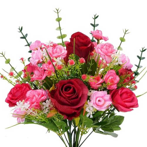 NAHUAA 13 PCS Pink and Red Flowers Burgundy Flowers Artificial Silk Flowers Real Touch Artificial Roses with Stems Mixed Wildflowers Floral Arrangements for Wedding Home Garden Party Bride Decor