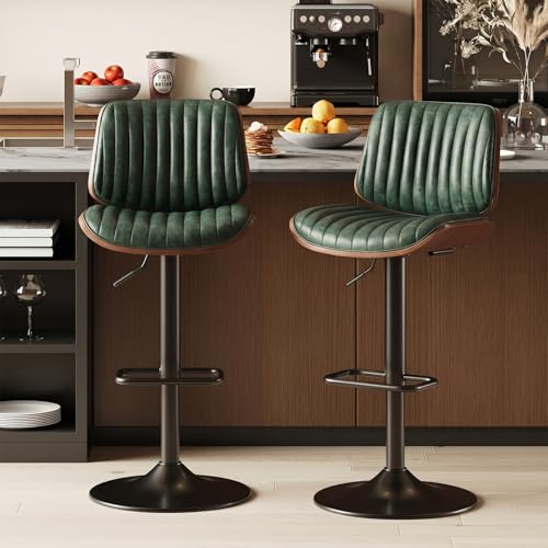 Image of MALOL Bar Stools Set of 2, Adjustable Counter Height Bar Chairs 26 inch-34.5 inch with Swivel & Footrest, Modern Faux Leather Barstools for Kitchen Island, Dining Room,Pub,Green