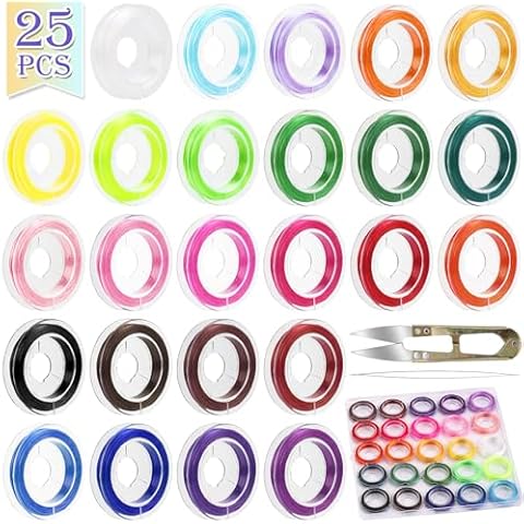 XSEINO 25 Roll 0.8mm Flat Elastic String Cord, 25 Color High Stretch Beading Elastic String for Bracelets Necklace Jewelry Making, Stretchy Thread Cord for Clay Beads, Crystal & Pony Beads Cover