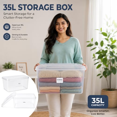 Image of Storite 2 Pcs 35L Premium Plastic Storage Box with Lid-Stackable Organizer | Storage Box for Clothes, Kids Toys, Kitchen - Plastic Storage Container Basket for Home, Office, Bathroom(Transparent)