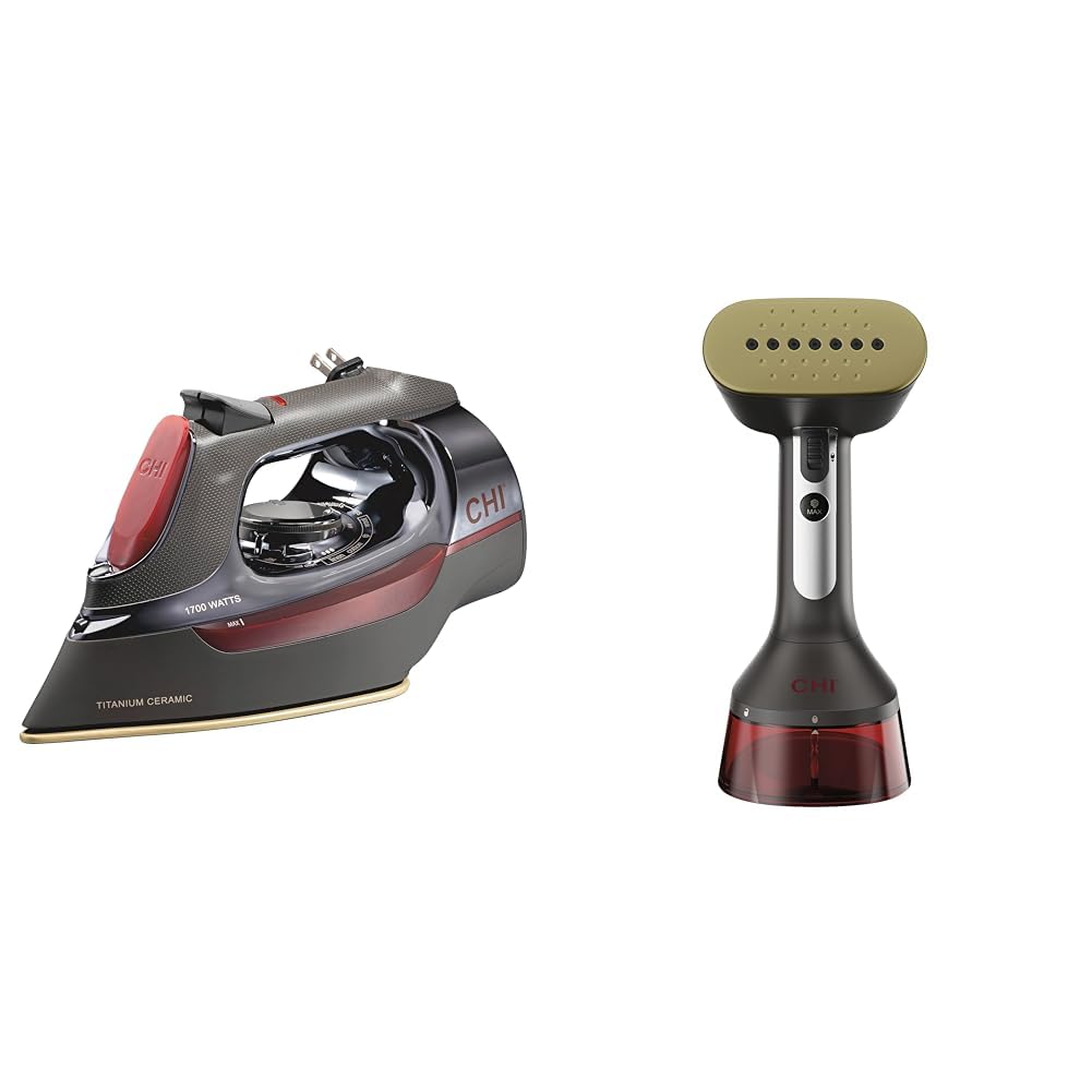 CHI Steam Iron with Retractable Cord, Ceramic Soleplate, 400+ Holes & CHI Handheld Garment Steamer, 300 ml Tank, 10' Cord, 1600 Watts