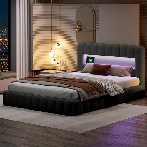 MIOOSUT Cama con Cajón Capitonado 160x200 con Sommier, Camas para 2 Personas con Espacio de Almacenamiento y Cabecero, Camas Capitonadas con LED y USB, Estructura de Cama 160x200cm, Lino, Gris, sin