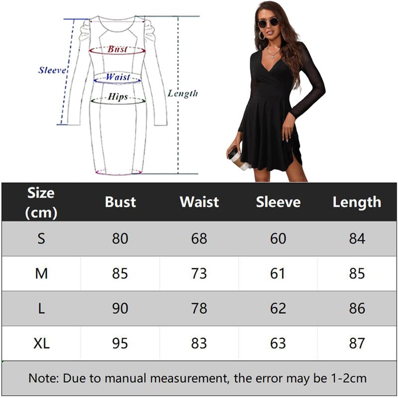 Haibang Vestito Donna Elegante Maniche Lunghe Sexy Mini Abito da Sera Aderente Abiti da Cerimonia con Scollo a V Trasparente Vestiti in Rete Casual Bodycon Dress per Cocktail Party Discoteca Festa