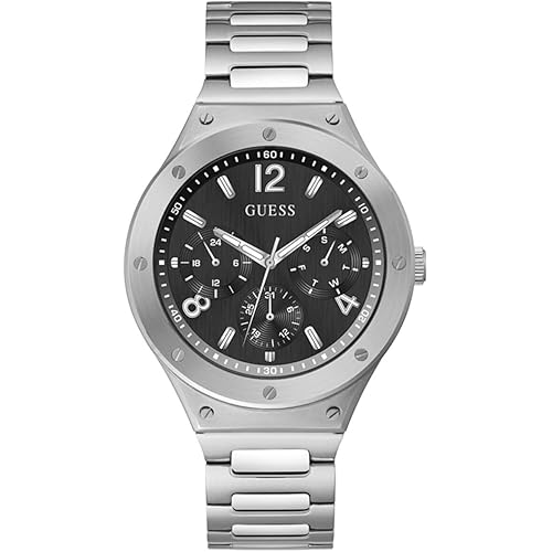 GUESS Mens Dress Multifunction 44mm Watch – Silver-Tone Stainless Steel Case with Black Dial & Bracelet