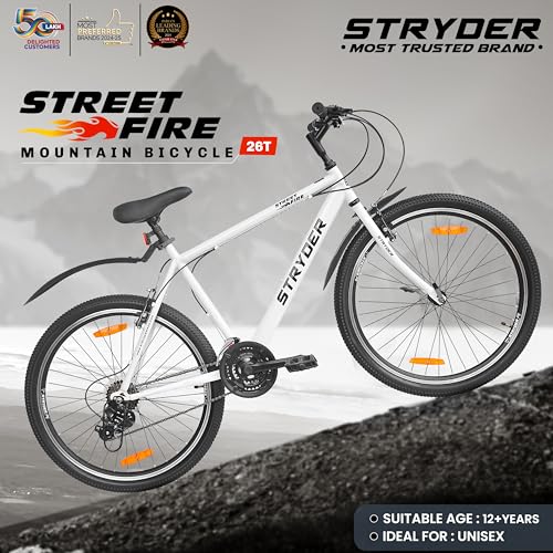 Image of Stryder 26T Street Fire Multispeed Gear Mountain Cycle (White-White) - V Brake | Rigid Fork | Welded Steel Frame | Alloy Rims | Unisex MTB Bicycle | 85% Assembled