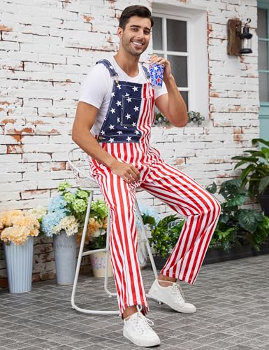Men's American Flag Bib Overalls with Zipper Denim Romper Adjustable Straps USA Onesie 4th of July Jumpsuit4