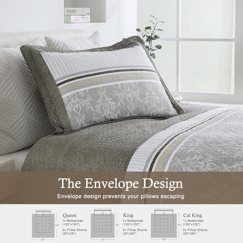 Image of 100% Cotton Oversized King Bedspread 120x120, Textured Stripe | Extra-Wide Coverage, Reversible 3-Piece Bedding Set, Fits Thick Mattresses, Lightweight All-Season Comfort, Farmhouse, Greige