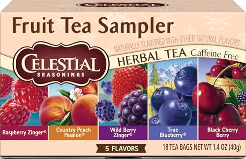 Celestial Seasonings Fruit Tea Sampler Herbal Tea Variety Pack, Caffeine Free, 18 Tea Bags Per Box