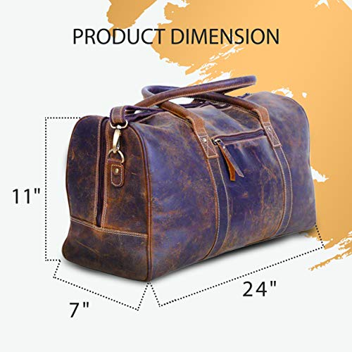 KomalC 24 Inch Leather Duffel Bags for Men and Women Full Grain Leather Travel Overnight Weekend Leather Bags Sports Gym Duffel for Men (Brown Distressed Tan)