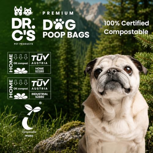 Image of 100% Certified Compostable Dog Poop Bags - Dr. C's Premium Dog Poop Bags - 120 Bags / 8 Rolls, Extra thick, Leak Proof, Unscented, Plant Based, Earth Friendly and USA Owned