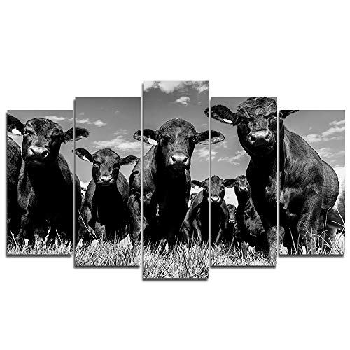 Faicai Art 5 Piece African Cow Herd Paintings Canvas Wall Art Prints Black and White Large Animal Wall Poster Artwork Pictures for Living Room Decor Office Wall Decorations Framed 70" Wx40 H