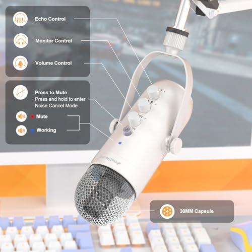 Image of zealsound Gaming Condenser Microphone, Podcast Mic with Boom Arm for Phone /PC /PS4 /PS5, USB Microphone for Recording /YouTube /Streaming, Headphone Output, Mute Button, Echo Volume Gain Control (White)