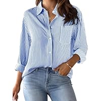 Camisas femininas listradas de botão para mulheres, manga longa, trabalho, blusas com bolso, 002_azul royal, PP