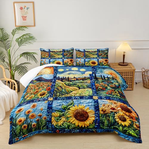 Image of Yellow Sunflower Queen Size Comforter Set,Bedding Queen Size Quilts Sunflower,Rustic Farmhouse Bedroom Set Bedding Set,with 1 Comforter with 2 Pillow Case