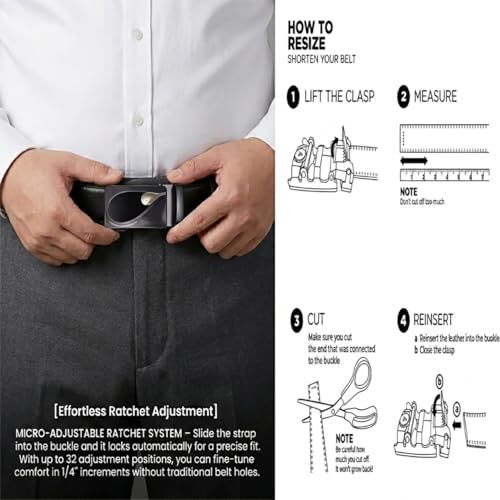 Image of JINIU Men's Ratchet Belt Buckle, Black Genuine Leather Slide Belt for Men Dress Suit, Micro Adjustable Trim to Fit Boxed