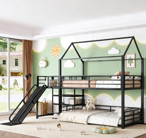 Image of Bellemave Metal Bunk beds Twin Over Twin with Slide and Storage Stairs, House Floor bunk Bed with guardrail for Kids,Black