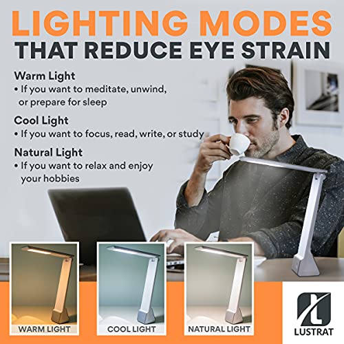 Lustrat Led Desk Lamp - Minimalistic Office Desk Lamp - Rechargeable Lamp With Bed, Study, And Work Desk Light Modes - Portable Table Desk Lamp For Back To School And Work From Home Set-Up - Silver #TOP2