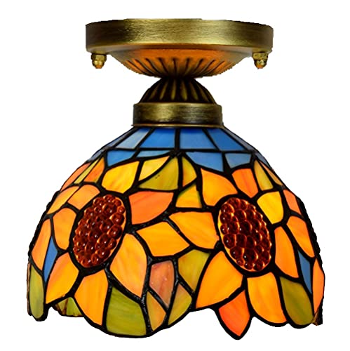 FYZDLAOR Lámpara de techo estilo TiffanyStyle con diseño de girasol, mini lámpara de techo de 20.3 cm con vidrieras semiempotradas para dormitorio, comedor, sala de estar, entrada
