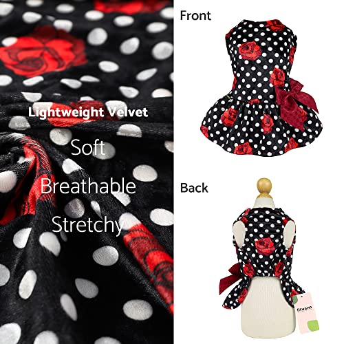 Fitwarm Polka Dot Rose Dog Dress Lightweight Velvet Girl Dog Clothes Pet Apparel Doggie Costume With Bowknot Cat Clothing Puppy Dresses Black Small #TOP4
