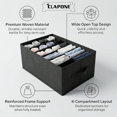 Image of Foldable Fabric Storage Bins with Handles - Collapsible Closet Organizer Boxes for Clothes, Jeans & T-Shirts - Stackable Shelf Drawer Organizers for Bedroom, Wardrobe & Home Storage (Black, 1 Pieces)