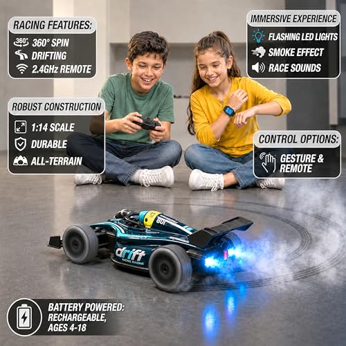Image of VGRASSP 4WD Dual Control F1 RiseX Drift Stunt Mist Car Toy for Kids with Lights, Music - Rechargeable 360 Rotating RC Smoke Car with 2.4GHz Remote Control and Gesture Wrist Controller - Blue