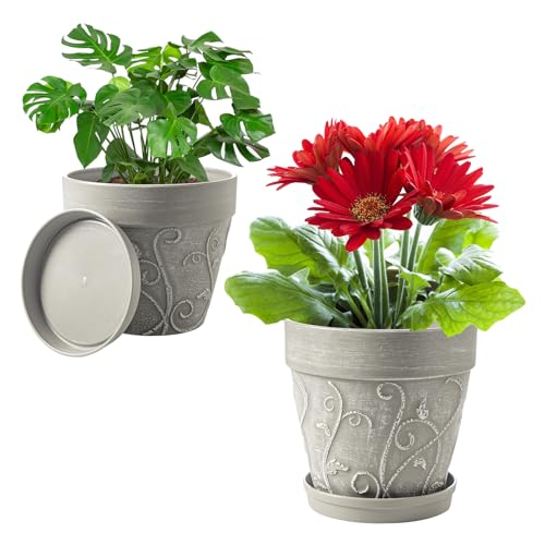 Melphoe Plant Pots Indoor with Drainage & Saucer, 2Pack 7/8 inch Flower Pots Outdoor Planters for Indoor Plants Garden Home Decor Cactus Succulent, Rigid Plastic (Imitation-Terracotta) Vine-Embossed