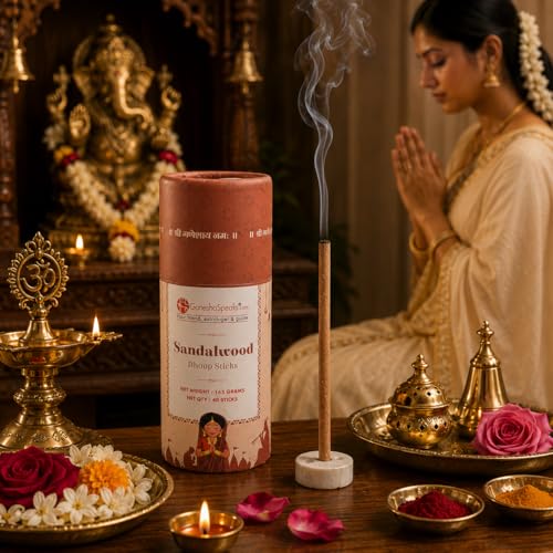Image of GaneshaSpeaks Bambooless Dhoop Sticks with Sandalwood Fragrance | 40 Pieces | Handcrafted by Skilled Artisans | Eco-Friendly | Pure Aroma | Free Ceramic Stand