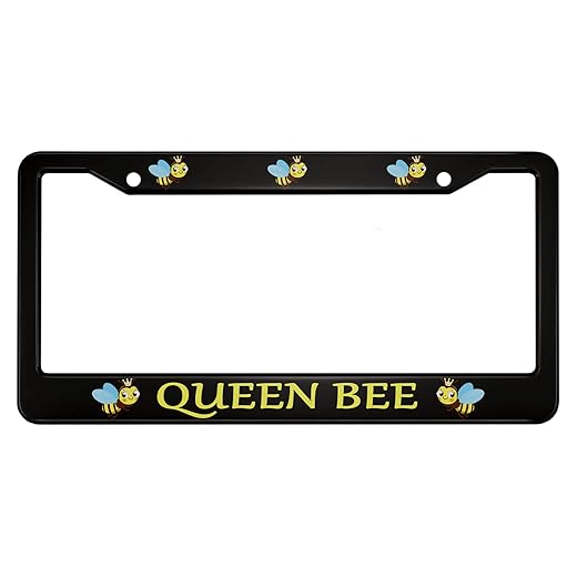 oFloral Queen Bee Aluminum Alloy License Plate Frame Cute Yellow Bees Blue Wings with Crown Smile Applicable to US Standard Car Metal Car Tag Frame Front Plate Cover Holder for Women Men(1 Pack)