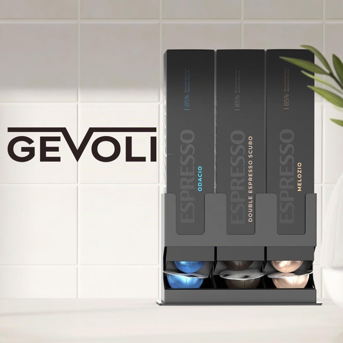 GALVANOX Dispenser premium per capsule Nespresso Vertuo – Supporto autoportante da appoggio con base in acciaio antiscivolo, eroga 3 gusti di caffè (30 capsule VertuoLine)