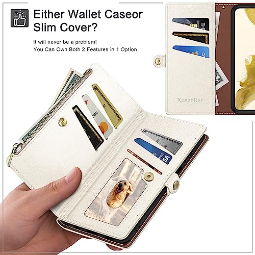 Image of XcaseBar Compatible with Samsung Galaxy S25 Wallet case with Zipper Credit Card Holder【RFID Blocking】,Flip Folio Book PU Leather Phone case Shockproof Cover Women Men for Samsung S25 case White