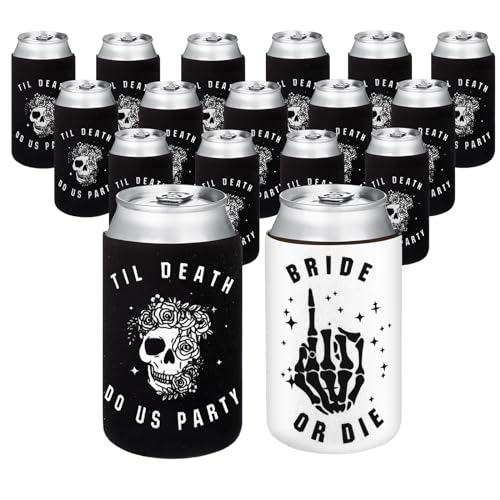 Preboun 16 Pcs Bride or Die Bachelorette Party Beer Can Sleeves Till Death Do Us Party Favors 12 oz Beverage Sleeve Insulated Neoprene Drink Holders for Gothic Bridal Shower 1950s Rock Roll