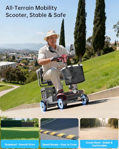Image of 4 Wheel Mobility Scooter for Seniors & Adults, Foldable Portable Motorized Electric Scooters with Removable Battery for 15 Miles Travel, 330 LB Capacity, Dual Baskets & Rotating Seat (Red)