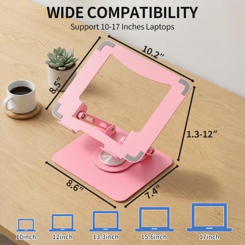 Image of SOUNDANCE Laptop Stand with 360 Rotating Base, Ergonomic Computer Riser for Desk, Adjutable Height Muti-Angle, Foldable Laptop Mount, Stable Metal Holder Support 10-15.6 inch Notebook PC, Pink