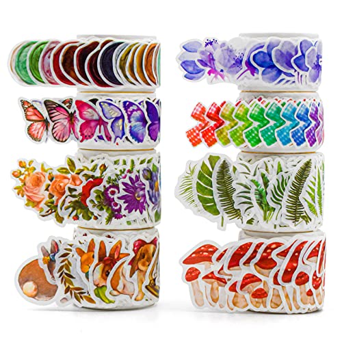 BROVITI 8 Roll Vintage Washi Tape Masking Tape Decorative Flower Petal Fern Leaves Butterflies Pine Leaves Mushrooms for DIY Diary Planner Scrapbooking Art Craft Supplies (100Petals/Roll)