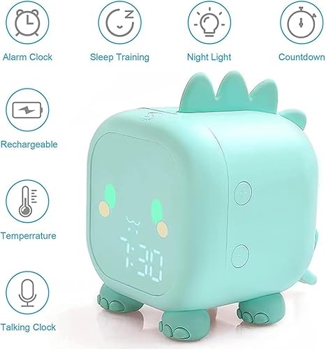 BNGXR Kinder Lichtwecker,Dinosaurier Wecker Kinder,Wecker Digitaluhr mit Nachtlicht Timer Snooze Funktion,Kinderwecker mit 5 Farbwechsel Nachtlichtern für Kinder Jungen Geschenke(Grün)