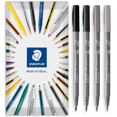 STAEDTLER Pigment Arts 371 Pigment-Pinselstifte, Fasermalstift für Erwachsene, mittelfeste Nylon-Pinselspitze (warmes Grau, 4 Stück)